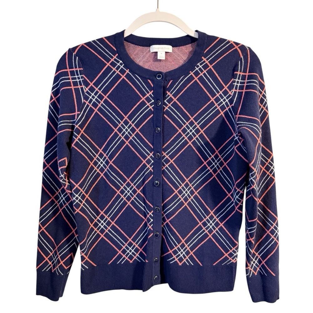 Charter Club Button-Front Cardigan Navy Pink Plaid Womens Size Medium